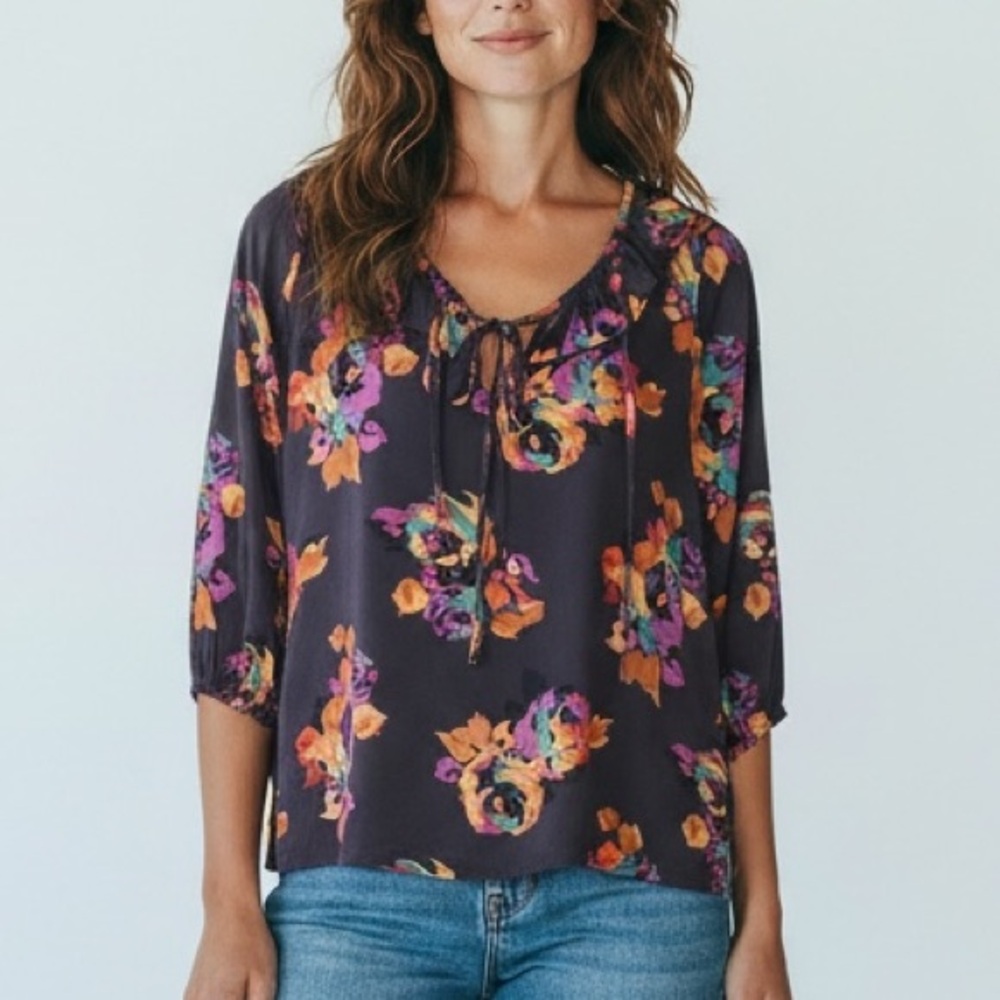 APOSTROPHE | Navy Rich Floral Ruffle Collar Keyhole Tie Neck Blouse size Small